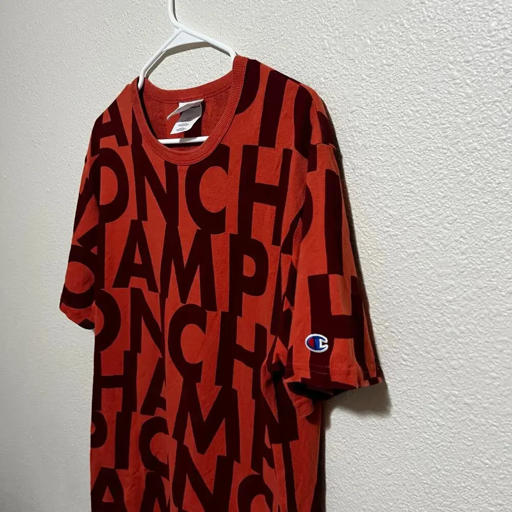 Champion Heritage red orange all over script crewneck short sleeve tee shirt L - Picture 2 of 6